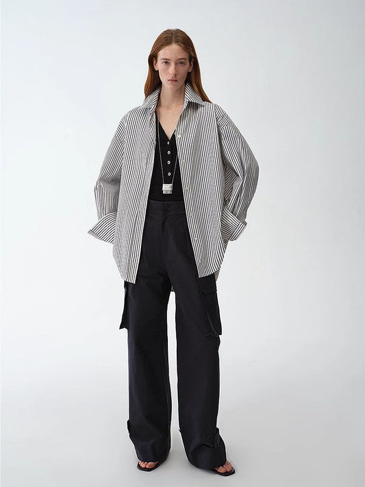 "Striped Fantasy" Casual Asymmetric Slanted Front Two-Wear Striped Long Sleeve Shirt