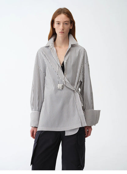 "Striped Fantasy" Casual Asymmetric Slanted Front Two-Wear Striped Long Sleeve Shirt