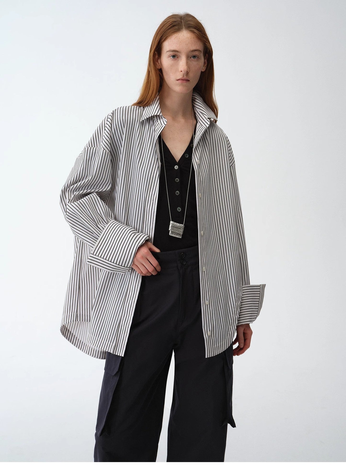 "Striped Fantasy" Casual Asymmetric Slanted Front Two-Wear Striped Long Sleeve Shirt